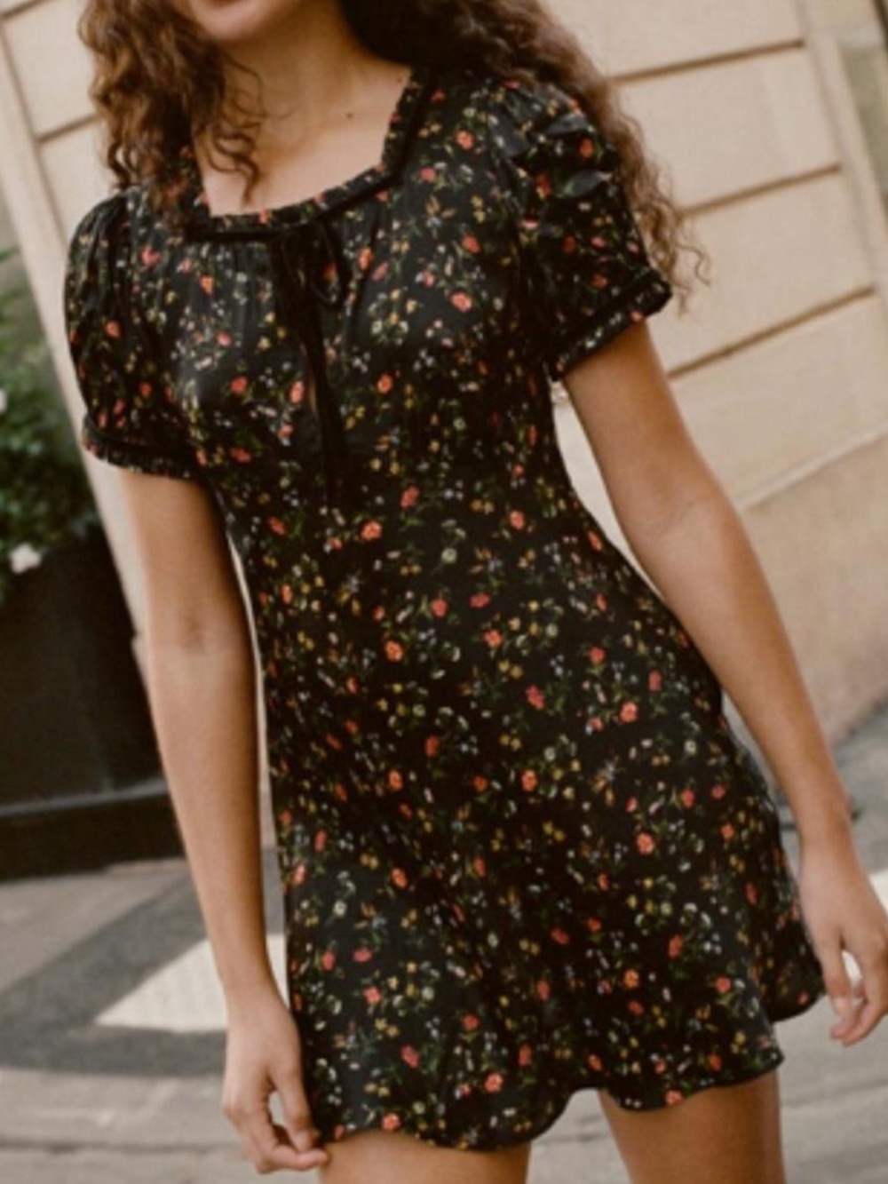 Doen Black Floral Mini Dress with Puff Sleeves